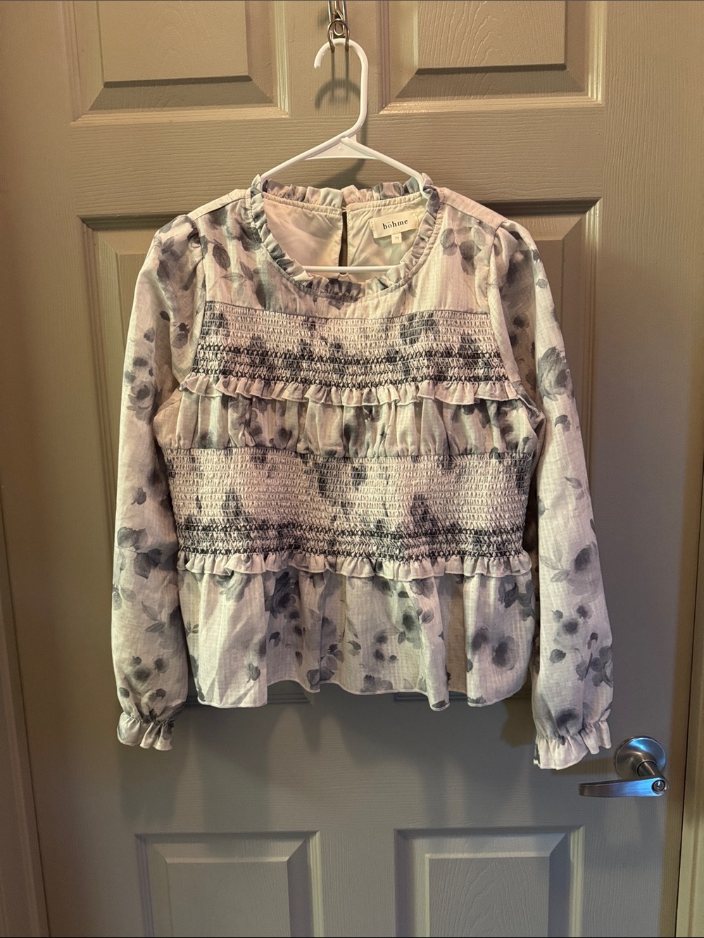 Böhme Floral Smocked Ruffle Long-Sleeve Top - Light Gray/White